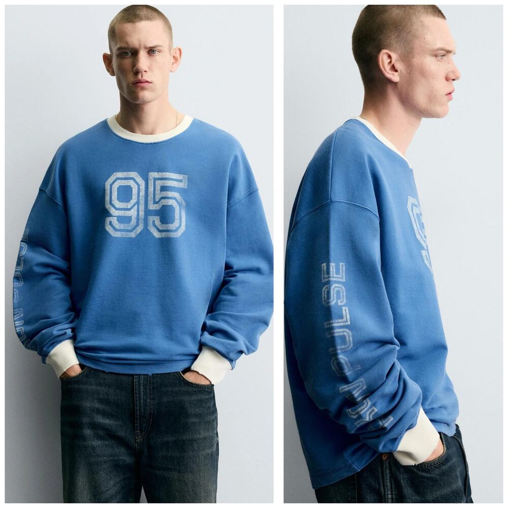 Zara Men’s Blue 93 Vintage Washed Printed T-Shirt Crewneck Size XL 6224/543